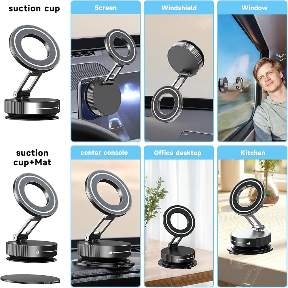 Upgraded Aluminum Alloy Vacuum Magnetic Car Phone Holder with 360° Rotation & Foldable Design Strong Magnetic Absorption
